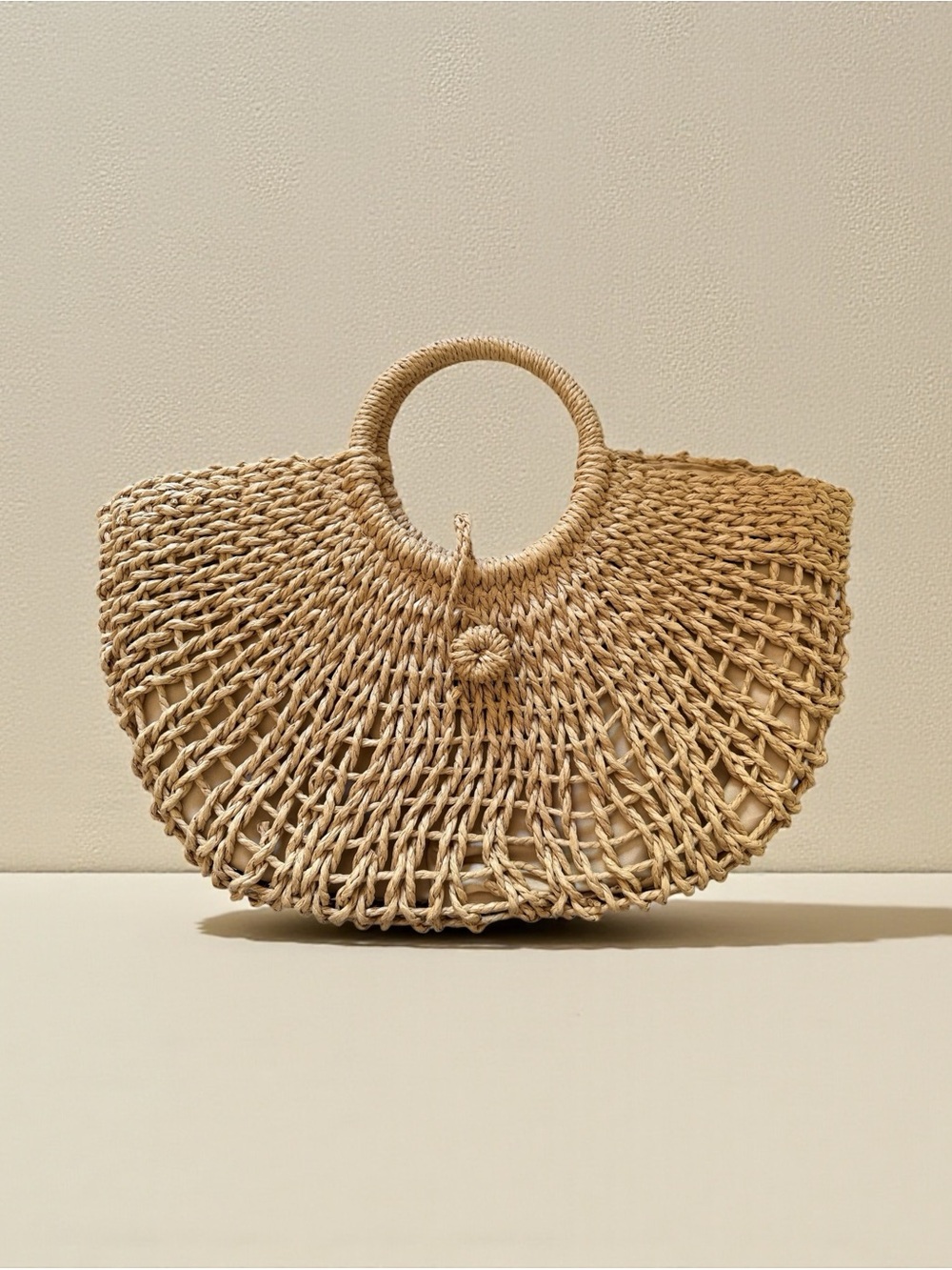 Boho Woven Straw Handbag Natural Rattan Circle Handle Beach Tote Purse
